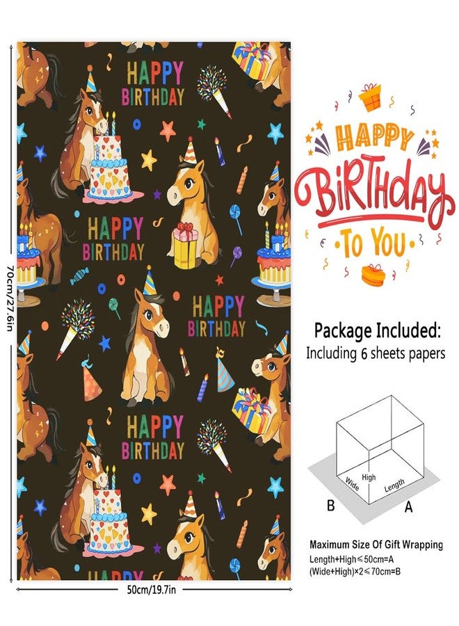 Geluode Horse Happy Birthday Wrapping Paper,Birthday Gift Wrap Black 6 Sheets,Little Brown Horse With Birthday Gifts and Hat Wrapping Paper 20x28Inch For Girls Boys Kids Birthday Farm Animal Party - Image 2